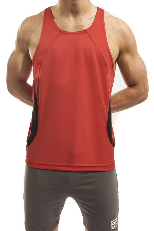 Man standing wearing a pair of Jack Adams red/black Relay Proformance Tank Top (profile view) on a white background.