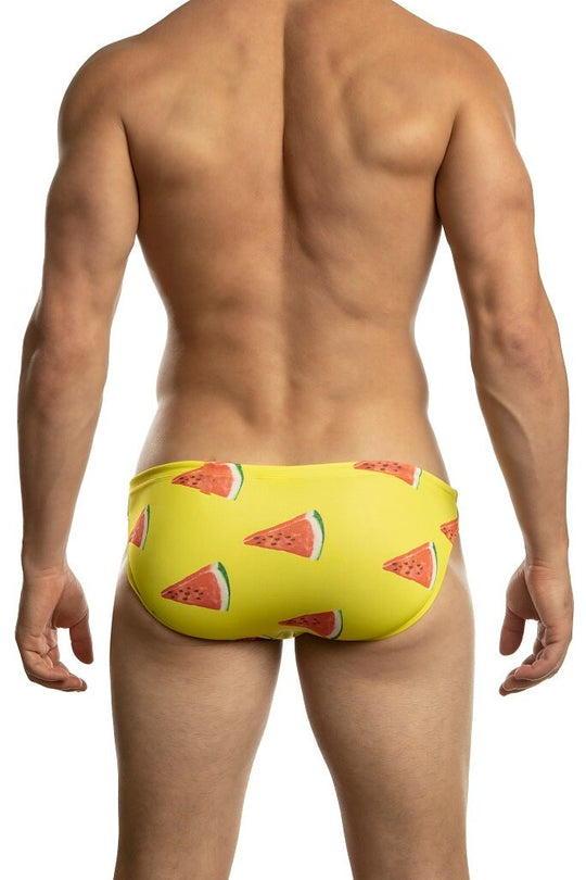 Man standing wearing a pair of Jack Adams Watermelon Swimsuit (back view) on a white background.