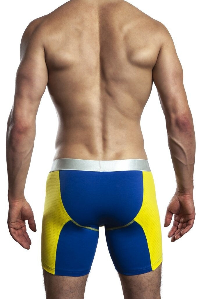 Man standing wearing a pair of Jack Adams royal/yellow Pro Boxer Brief (back view) on a white background.