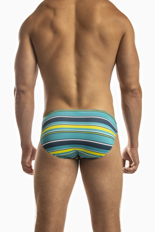 Jack Adams Multi Stripe Low Rise 1" Swimsuit in lime/blue - men&